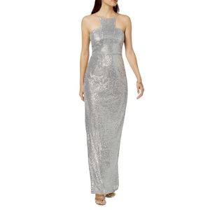New! Adrianna Papell Silver Sequin Maxi Dress